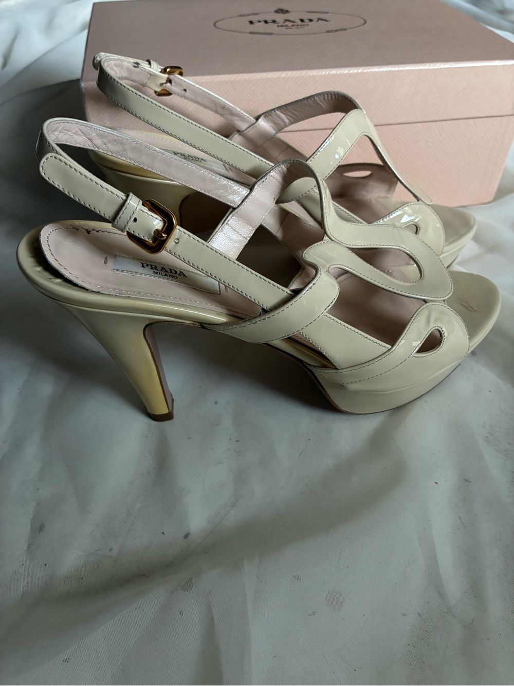 Prada Ivory Patent Leather Cutout Slingback Heels